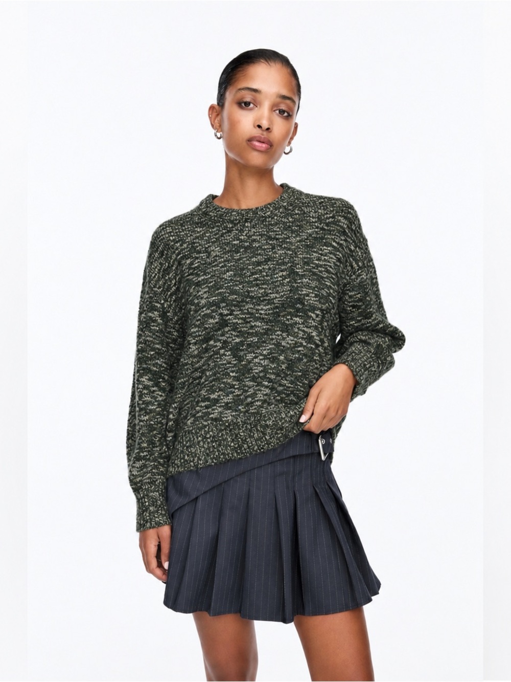 Pull & Bear Marled Green Crew Neck Sweater Women’s  Cozy Grunge Knit Sweater Med